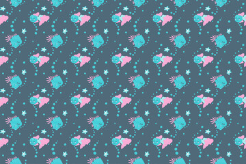 Cute seamless pattern of cheerful smiling floating fish, bubbles and starfishes. Cartoon magical underwater world on a dark background in the Scandinavian style. Children's design. Vector.