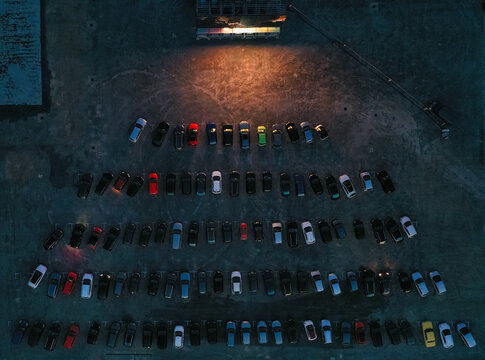 Aerial view of a car cinema drive-in, Aachen, Germany.
