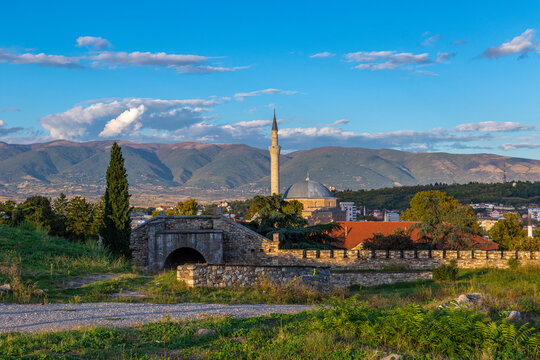View of Mustafa Pasha's Mosque and mountain range from Skopje Fortress