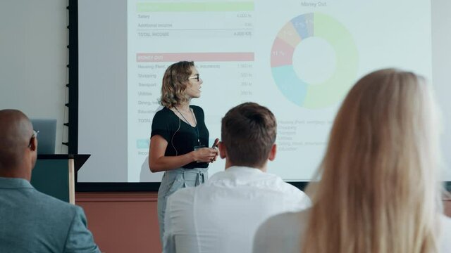 Business woman pointing at projection screen and explaining the statistics to the audience. Female speaker giving an informative presentation at conference.
