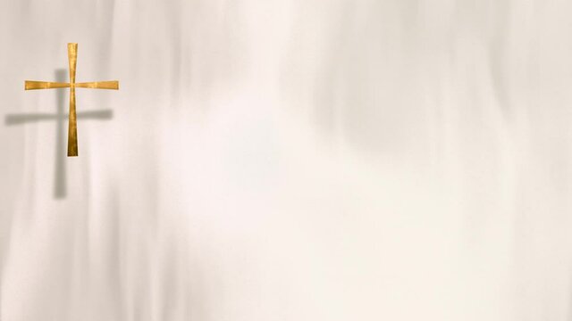 Waving satin with golden Christian Cross on liturgic white copy space loop. 3D animation for online worship church sermon on Christmas and Easter. Concept to celebrate birth and resurrection of Christ