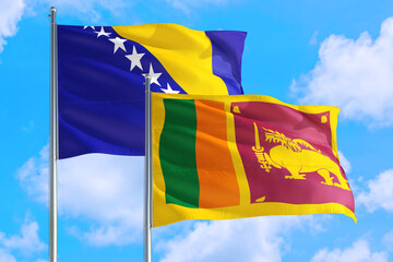 Sri Lanka and Bosnia Herzegovina national flag waving in the windy deep blue sky. Diplomacy and international relations concept.