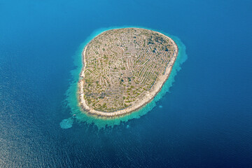 Aerial view of fingerprint island, Bavljenac, Croatia.