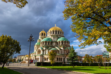 Autumn view of Cathedral Saint Aleksandar Nevski in autumn, Sofia, Bulgaria