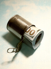 Money in a can, the concept of storage of money in savings banks for business growth,
