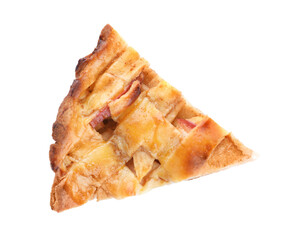 Slice of traditional apple pie isolated on white, top view