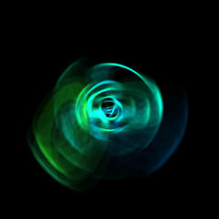 Spinning rays of light isolated on black background. Graphic 2D illustration of glowing colorful light particles in circular motion.