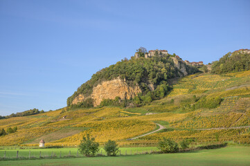 Fototapeta premium The village of Chateau Chalon high above the vineyards in the departement of Jura, Franche-Comte, France