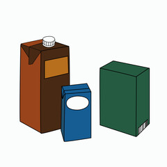 A set with three different types of packaging in different colors. Sketches of boxes for milk, cream, tea, juice. Vector illustration.