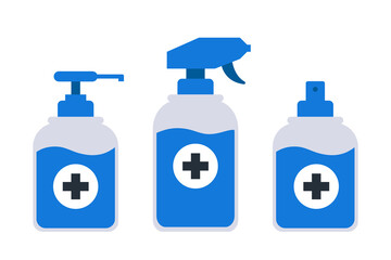 Disinfectant bottles. Liquid alcohol antiseptic. Pump and spray dispenser. Sanitizer
