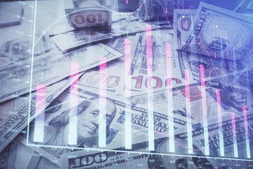 Multi exposure of forex chart drawing over us dollars bill background. Concept of financial success markets.
