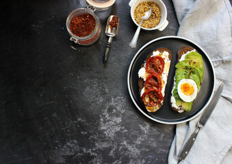 avocado toast. tasty breakfast. Flat lay concept.