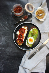 avocado toast. tasty breakfast. Flat lay concept.