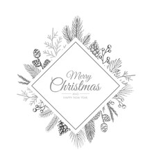 Merry Christmas greeting card with new years tree. Vector holiday illustration.