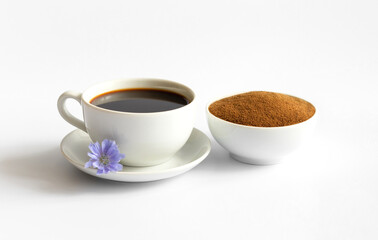 Healthy chicory drink, powder and blue flower isolated on white background. Decaffeinated coffee
