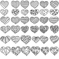 Set of contour doodle hearts with simple linear zen patterns, antistress coloring page with valentines for Valentine's day,