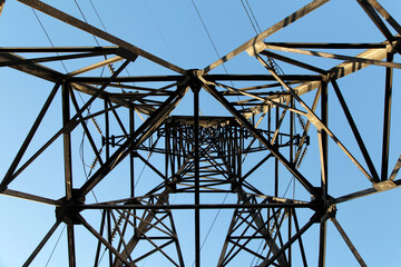 Electric power pylon and overhead lines tower used transmit electrical energy