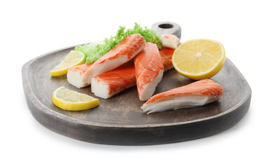 Serving plate with pieces of crab sticks on white background, closeup