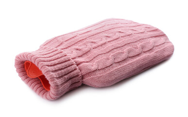 Hot water bottle with knitted cover isolated on white