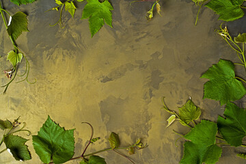 Wine. Advertising space for wine. Grape. Copy space on gold background. Gold textures. Top view. Free space for text. Grape leaves.