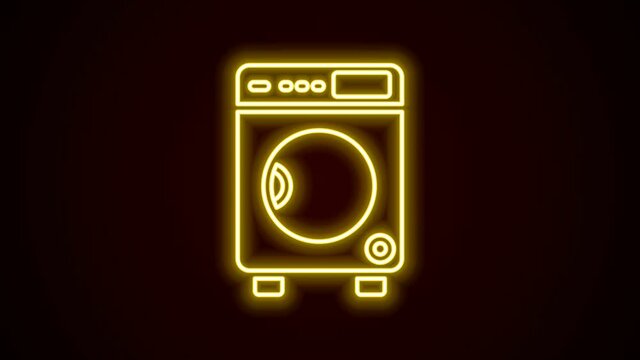 Glowing neon line Washer icon isolated on black background. Washing machine icon. Clothes washer - laundry machine. Home appliance symbol. 4K Video motion graphic animation