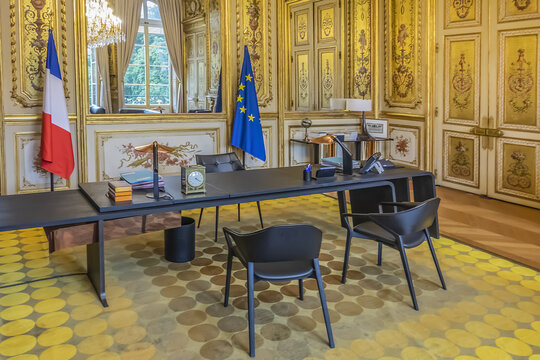 Elysee Palace (Palais de l'Elysee, 1722) - official residence of President of French Republic. Golden Room (Salon Dore) - president's official study. Paris, France. June 8, 2018.