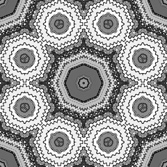 Seamless pattern with floral and mandala elements. Black and white decorative doodle background.