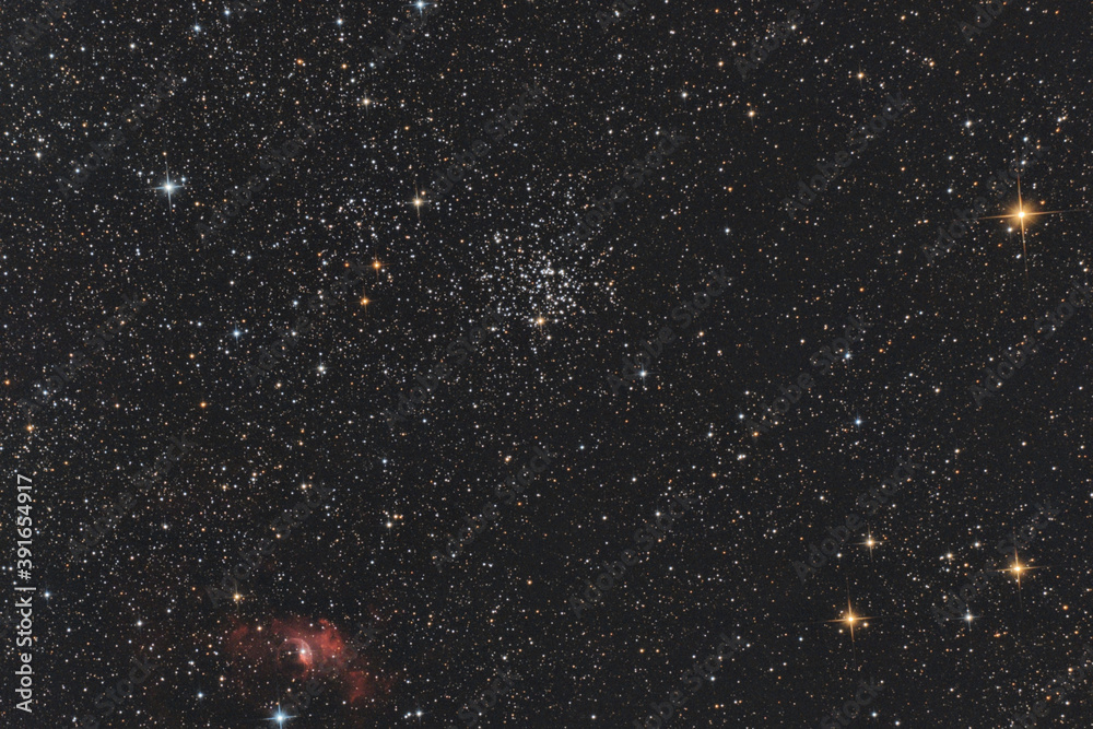 Wall mural closeup of messier 52 open cluster with the bubble nebula at bottom left, all two in cassiopeia cons