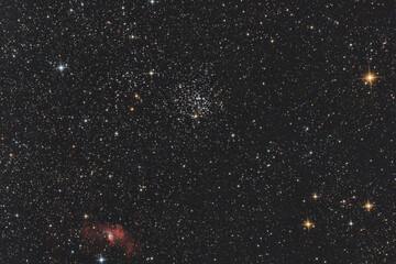 Closeup of Messier 52 open cluster with the Bubble nebula at bottom left, all two in Cassiopeia...