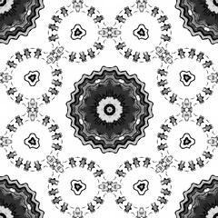 Seamless pattern with floral and mandala elements. Black and white decorative doodle background.