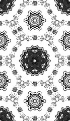 Seamless pattern with floral and mandala elements. Black and white decorative doodle background.