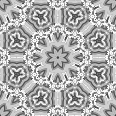 Seamless pattern with floral and mandala elements. Black and white decorative doodle background.