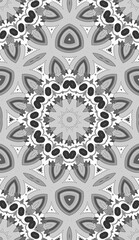 Seamless pattern with floral and mandala elements. Black and white decorative doodle background.
