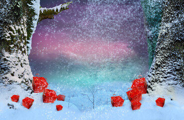 Snow falling on red gift boxes. Winter background for New Year holiday. Dark cloud and snowy trees