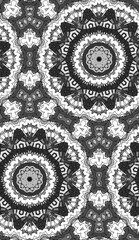Seamless pattern with floral and mandala elements. Black and white decorative doodle background.