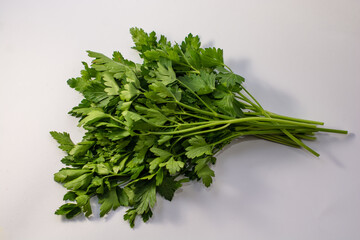 Fresh green parsley on a white background