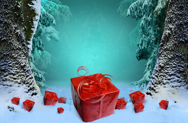 Big and small gift boxes on the snow on blue hazy winter forest background with snowy trees. New Year holiday atmosphere