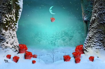 Red gift box hanging on crescent moon horn in night winter sky. Other gift boxes on the snowy ground near trees. New Year fairy tale background