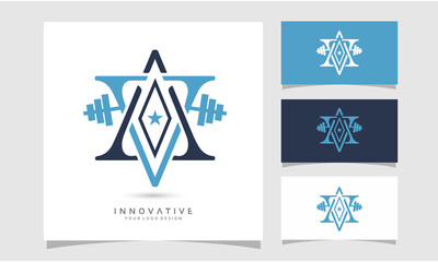 Alphabet VA vector logo design with dumbbell icon, Graphic designer studio Concept.