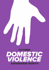 Domestic Violence Awareness Month in October. Celebrate annual in United States. Awareness purple ribbon. Day of Unity. Prevention campaign. Stop women abuse. Poster, banner and background. Vector