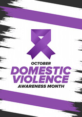 Domestic Violence Awareness Month in October. Celebrate annual in United States. Awareness purple ribbon. Day of Unity. Prevention campaign. Stop women abuse. Poster, banner and background. Vector