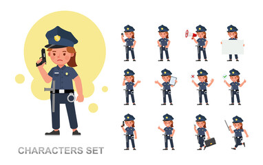 Set of Policewoman kid working character vector design. Presentation in various action with emotions, running, standing and walking.