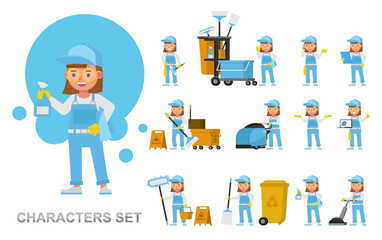 Set of Professional janitor girl kid working character vector design. Presentation in various action with emotions, running, standing and walking.