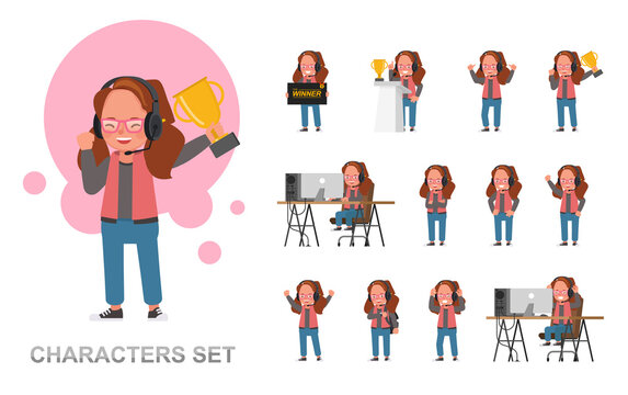 Set Of The Gamer Girl Kid Character Vector Design. Presentation In Various Action With Emotions, Running, Standing And Walking.