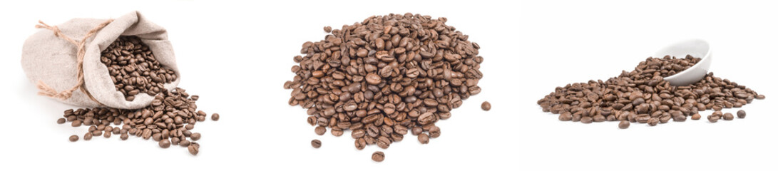 Group of brown coffee beans on a white background