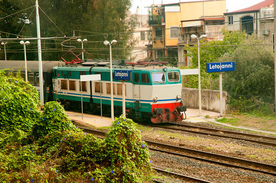 The Train That Runs Around The Coast Of The East Of The Island Of Sicily Italy