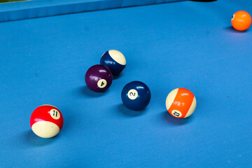 Snooker balls on the snooker table.