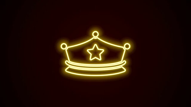 Glowing neon line Police cap with cockade icon isolated on black background. Police hat sign. 4K Video motion graphic animation