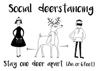 Social distancing poster. Black and white graphic silhouettes of people and a deer with an arrow between them. Can be used during covid-19 christmas virus outbreak prevention