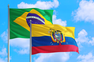 Egypt and Brazil national flag waving in the windy deep blue sky. Diplomacy and international relations concept.